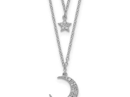 Sterling Silver Cubic Zirconia 18-inch 2-Layer Star & Moon Necklace Hot on Sale