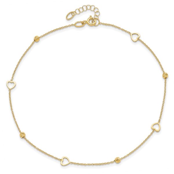 14KT Yellow Gold 10-inch Diamond-cut Heart Anklet Online