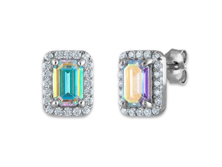 Sterling Silver 8X6MM Emerald Shape Cubic Zirconia Halo Stud Earrings Hot on Sale