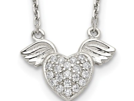 Sterling Silver Cubic Zirconia 16-inch Heart Wings Necklace For Sale