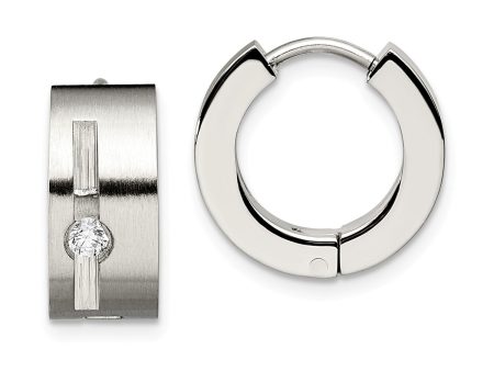 Stainless Steel CZ Brushed & Polished Round Hinged Hoop Earrings Sale