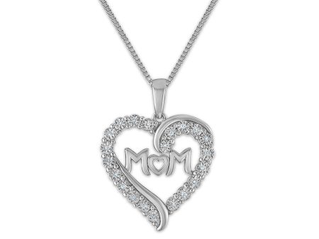 1 10 CTW Diamond Heart Mom 18-inch Pendant in Rhodium Plated Sterling Silver Fashion