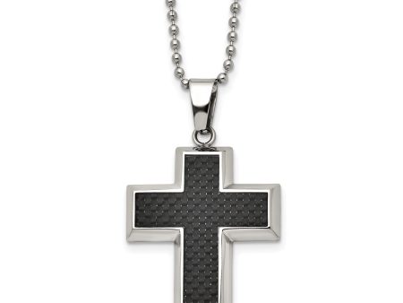 Titanium Polished w Black Carbon Fiber Inlay Cross 22in Necklace Online now