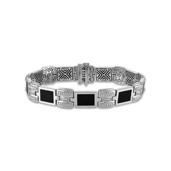 1 10 CTW Diamond and Black Onyx Link 8.5-inch Bracelet in Rhodium Plated Sterling Silver For Discount