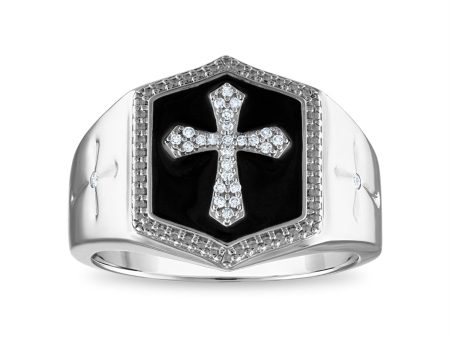 1 10 CTW Diamond Cross Black Enamel Ring in Sterling Silver Online