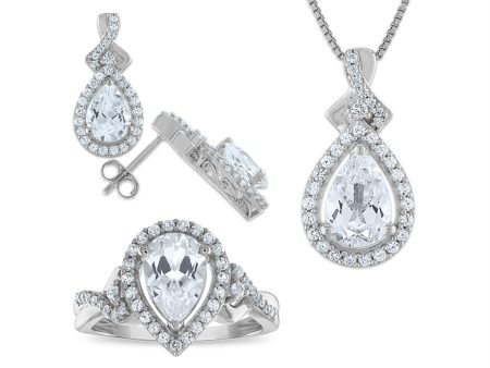 White Sapphire Halo Ring Pendant Earring Set in Sterling Silver For Cheap