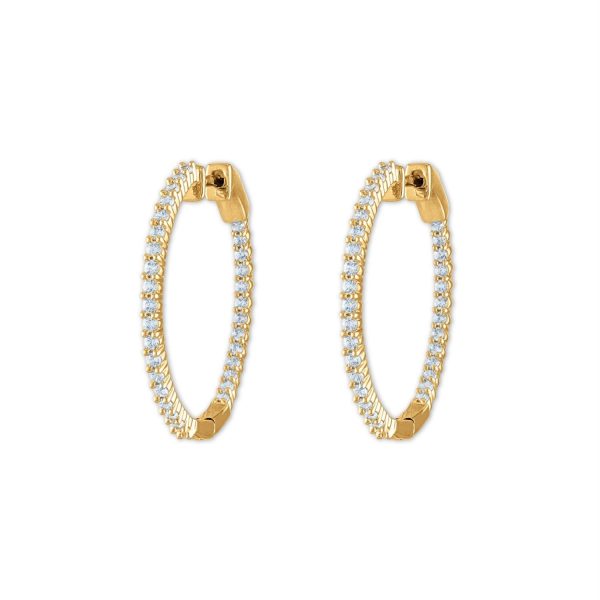 1 CTW Diamond In & Out Hoop Earrings in 14KT Yellow Gold Plated Sterling Silver For Sale