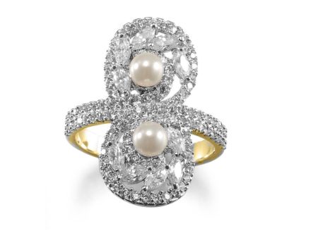 Yellow-tone Base Metal Round Pearl and Cubic Zirconia Ring; Size 7 For Cheap