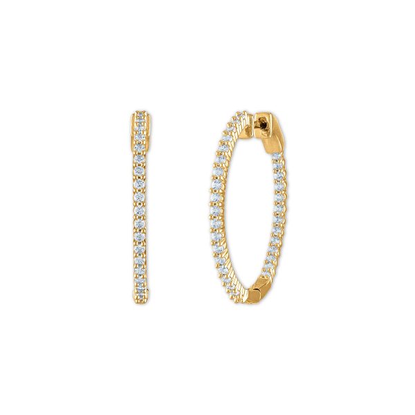 1 CTW Diamond In & Out Hoop Earrings in 14KT Yellow Gold Plated Sterling Silver For Sale